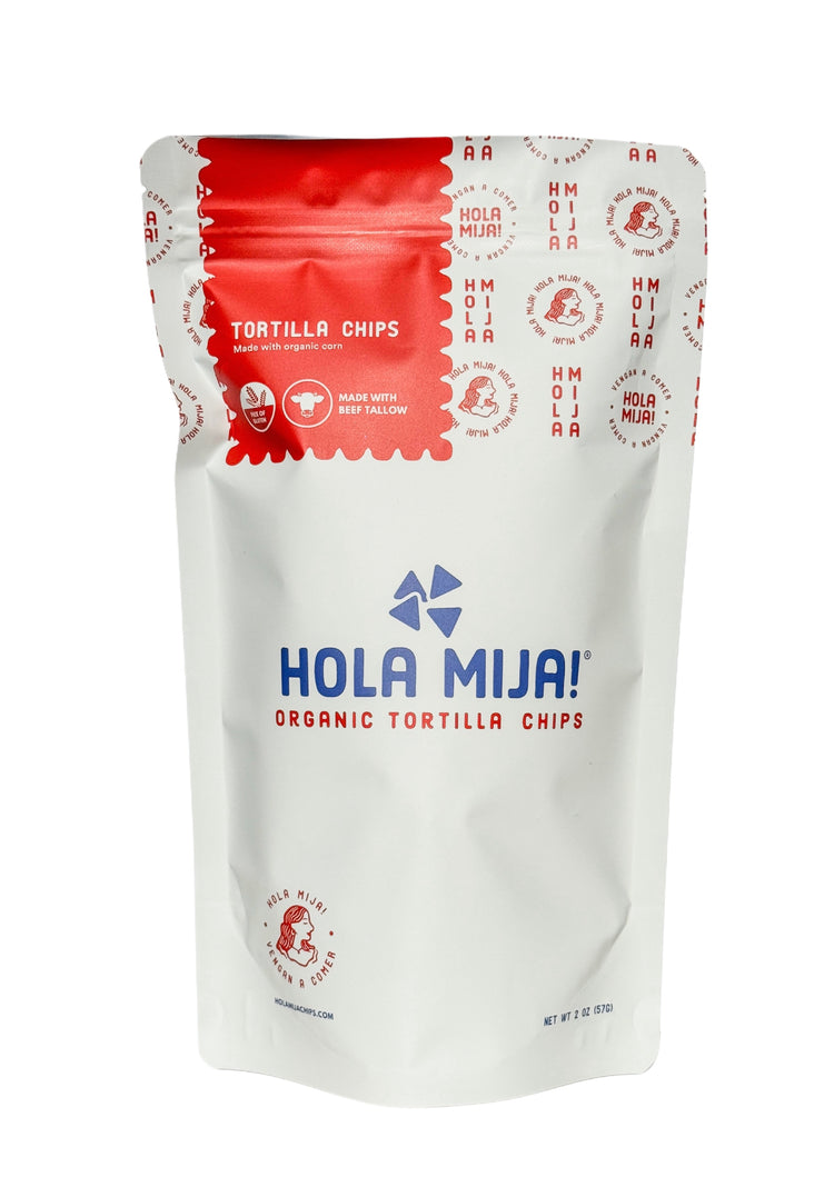 2oz Original Hola Mija Chips packaging featuring organic tortilla chips made with beef tallow. Highlighting authentic Mexican flavor, gluten-free and non-GMO ingredients, made in LA.