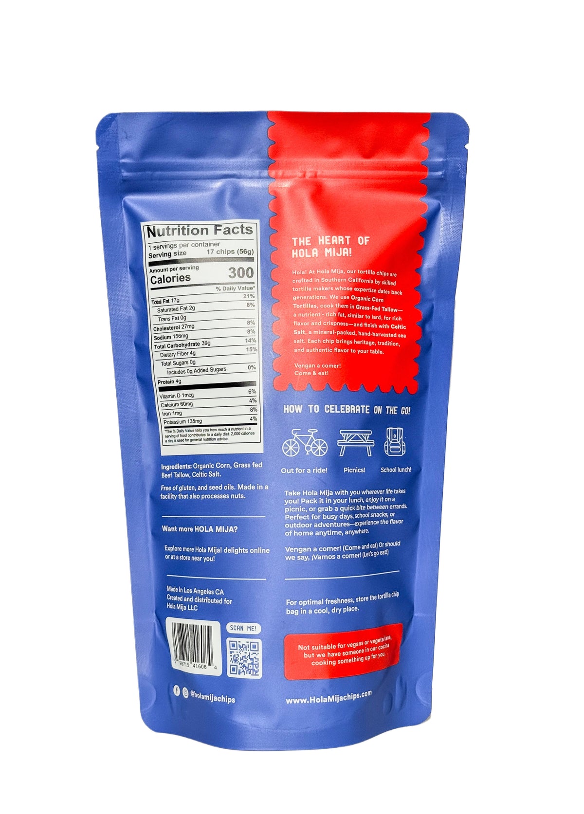 Back view of 2oz Original Hola Mija Chips packaging displaying nutrition facts and ingredient list. These beef tallow chips are organic and made with nixtamal, showcasing a unique Los Angeles snack.