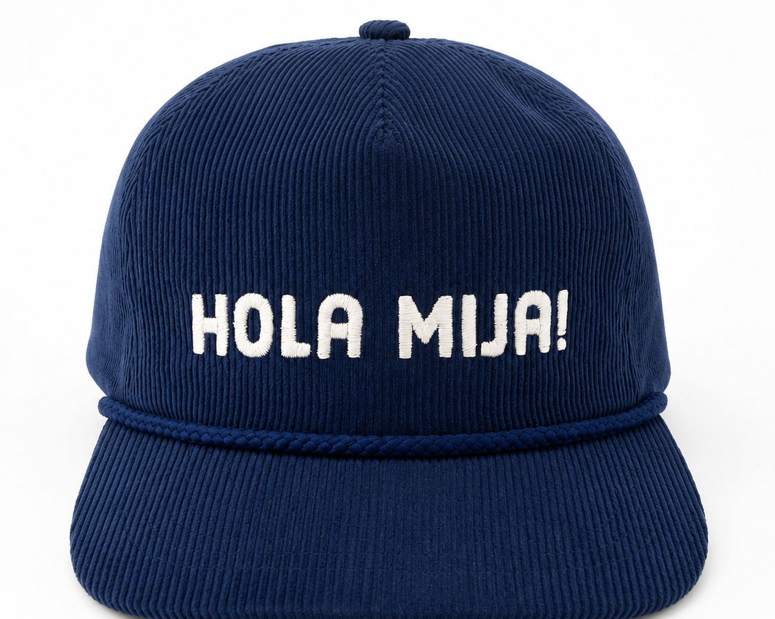 Hola Mija! Signature Corduroy Snapback showcasing premium corduroy construction and vintage charm with an embroidered logo, perfect for celebrating culture and family gatherings.